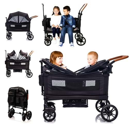 Wagon Stroller for 2 Kids & Cargo-Travel Stroller Push-Pull Double Wagon Lightweight Folding Stroller for Newborn&Toddler with 5-Point Harness,Adjustable Handle Bar and Canopy,Tray Table,Cup Holder