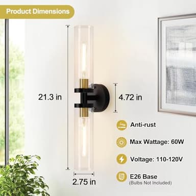 Wall Sconces Set of Two, 22" Black and Gold Bathroom Sconces with Clear Glass, Hardwired Modern Sconces Wall Decor Set of 2 Wall Light fixtures for Bathroom Mirror Living Room Hallway Bedroom - Image 8