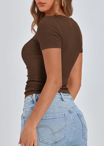 PRETTYGARDEN Women's 2025 Spring Summer Short Sleeve Tops Ribbed Henley Button Slim Fit Basic Casual T Shirts Blouse Clothing (Coffee,X-Large) - Image 2