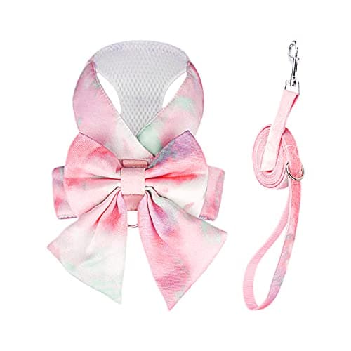 PETCARE Cute Bow Tie Dog Harness and Leash Set Elegant Rainbow Gradient Puppy Harness No Pull Soft Mesh Pet Cat Dog Vest Harnesses for Small Dogs Cats, Pink - Image 1
