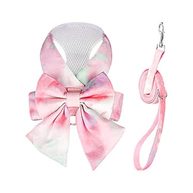 PETCARE Cute Bow Tie Dog Harness and Leash Set Elegant Rainbow Gradient Puppy Harness No Pull Soft Mesh Pet Cat Dog Vest Harnesses for Small Dogs Cats, Pink - Image 1