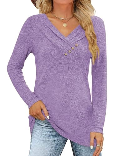 FMEYOA Women's Fall Long Sleeve Tunic Tops for Leggings V Neck Button Casual Blouse Sweatshirt(Purple,XX-Large) - Image 1