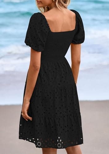 PRETTYGARDEN Womens Summer Puff Sleeve Mini Dress Off Shoulder Eyelet Smocked A Line Casual Babydoll Short Dresses (Black,Medium) - Image 2