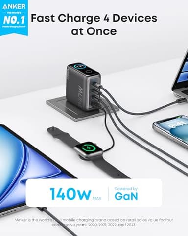 Anker Laptop Charger, 140W MAX USB C Charger, 4-Port Multi-Device Fast Charging, Advanced GaN Power Adapter, Intuitive Touch Controls, for MacBook, iPhone 17/16 Series, Samsung Galaxy, Pixel, and More - Image 2