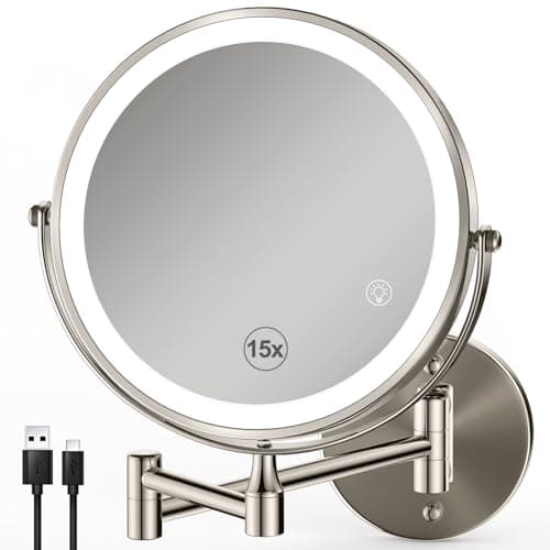 GREENFROM Magnifying Mirror with Lights 1x/15x: 8.5" Double Sided Wall Mounted Lighted Makeup Mirror for Bathroom, Brushed Nickel - Image 1