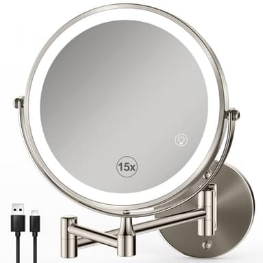 GREENFROM Magnifying Mirror with Lights 1x/15x: 8.5" Double Sided Wall Mounted Lighted Makeup Mirror for Bathroom, Brushed Nickel - Image 1