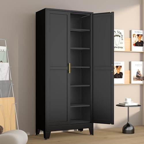 Metal Pantry Cabinet with 2 Doors and 5 Adjustable Shelves, 75" Kitchen Storage cabinets with Gold Handles, Versatile Storage for Laundry Room, Living Room, Bathroom, Dinning Room, Utility Room-Black - Image 1
