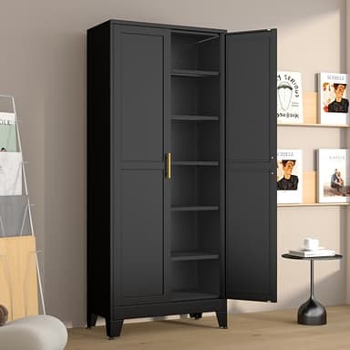 Metal Pantry Cabinet with 2 Doors and 5 Adjustable Shelves, 75" Kitchen Storage cabinets with Gold Handles, Versatile Storage for Laundry Room, Living Room, Bathroom, Dinning Room, Utility Room-Black - Image 1