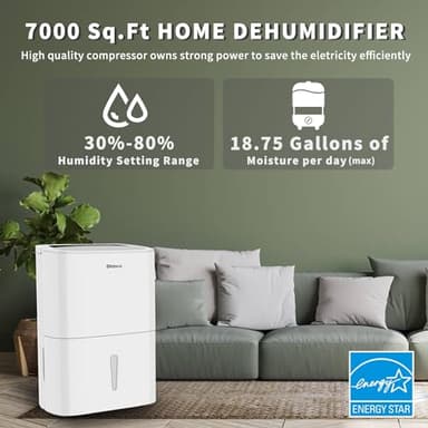 Shinco 7,000 Sq.Ft Energy Star Dehumidifier with Pump and WIFI, Ideal for Large Industrial Rooms and Home Basements, Efficient Moisture Removal and Humidity Control, 1.85 Gallons Water Tank - Image 4