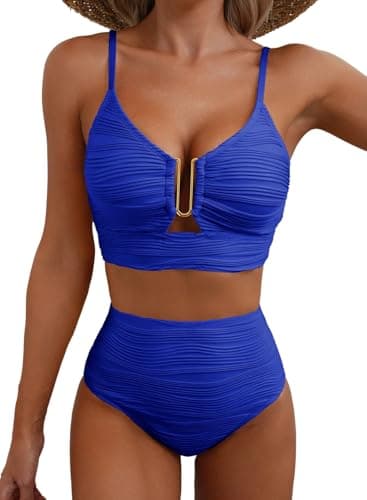 Herseas Women Two Piece U Wire Ruched 2025 Bikini Top High Cut Out Swimsuit Tummy Control High Waisted Bathing Suit Bottoms Bright Blue X-Large - Image 1