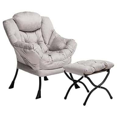 HollyHOME Lazy Chair with Foldable Ottoman, Accent Comfy Lounge Armchair and Folding Footrest Stool, Leisure Sofa Reading Chair and Footstool for Living Room, Bedroom, Dorm,Textured Grey - Image 1