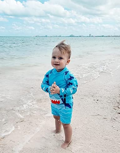 18-24 Months Baby Boys Swimsuit Rash Guard Swimwear Blue Shark Fish Long Sleeve Bathing Suit One-Piece Beach Sunsuit with Sun Hat - Image 5