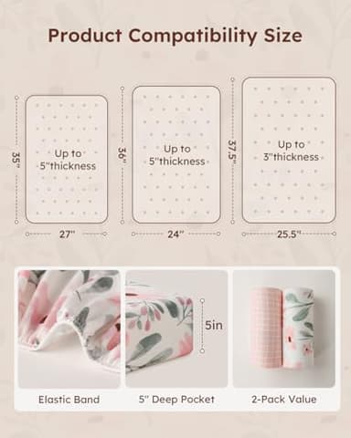 Yoofoss Pack and Play Sheets Girl 2 Pack, 38x26 Mini Crib Sheets Fitted for Baby Compatible with Graco Pack n Play Mattress,Ultra Soft Breathable Microfiber Pink Floral - Image 4