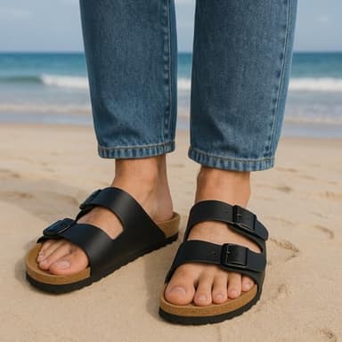 CUSHIONAIRE Lane Cork Footbed Mens Sandals, Adjustable Buckle Comfort Slides for Men, Genuine Leather Insole Summer Sandals Men Footwear, BLACK 9 - Image 8