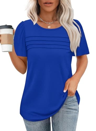 T Shirts for Women Short Sleeve Cute Summer Tops Business Casual Blouses Flowy Trendy Plus Size Fashion Pleated Shirts Royal Blue 4XL - Image 2