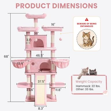 SHA CERLIN 68 Inches Multi-Level Large Cat Tree for Large Kitties/Big Cat Tower with Condo/Cozy Plush ‌Pussycat Perches/Sisal Scratching Posts and Hammocks/Activity Center/Pink - Image 7