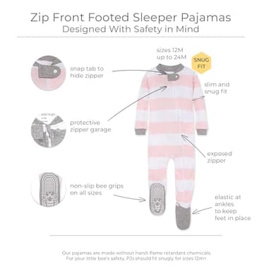 Burt's Bees Baby baby girls Pajamas, Zip Front Non-slip Footed Pjs, 100% Organic Cotton and Toddler Sleepers, Pink Rugby Stripe, 12 Months US - Image 2