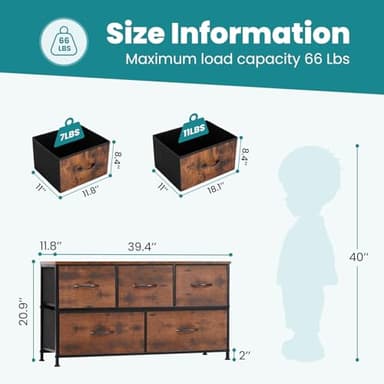 OLIXIS Dresser for Bedroom with 5 Drawers, Wide Chest of Drawers, Fabric Bedroom Dresser with Drawer Organizers, Storage Organizer Unit with Fabric Bins for Closet, Living Room, Hallway, Rustic Brown - Image 3