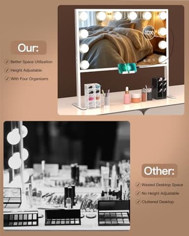 BESTOPE PRO Vanity Mirror with Lights, 23.6'' x 22.4'' Height Adjustable Makeup Hollywood Mirror with 3 Color Modes, 10X Magnification and 2 Storage Boxes, USB Charging Port, Phone Holder, Women Gifts - Image 5