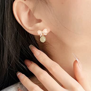 LOOYUUPEE Natural Hetian Jade Bow Earrings, Dainty Green Real Jade Charm Pendant Jewelry Studs, Handmade Ear Stud Earrings Hoop Earrings for Women (925 Sterling Silver with Gold Plated) - Image 4