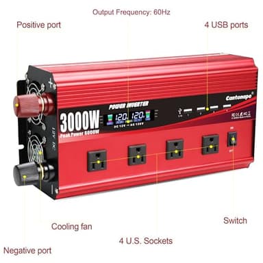 Cantonape 3000W Power Inverter 12V to 110V/120V DC to AC with LCD Display, Remote Controller 4 x AC Outlets and 4 x 3.1A USB Car Adapter for Car Truck Boat RV Solar System - Image 2