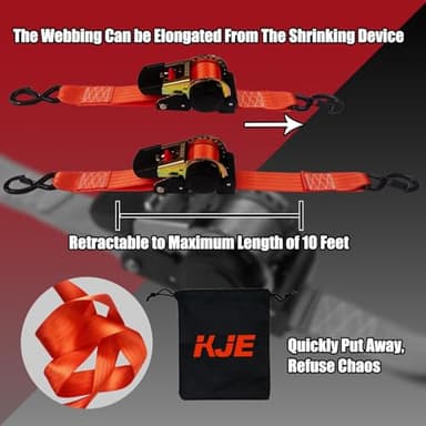 KJE Retractable Ratchet Tie Down Straps (2Pack), 2" x 10' Heavy Duty - 3,310lb Max Break Strength, Upgrade S-Hook with Clip, Self Retracting Ratchet Strap for Motorcycle, Kayak, ATVs, Boats - Image 2