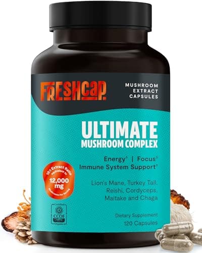 FreshCap Mushrooms Ultimate Mushroom Supplement 12,000mg - Nootropic Mushroom Complex Capsules, Organic Supplement, Brain Supplements for Memory and Focus Ayurveda (120 Capsules) - Image 1
