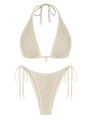 ZAFUL Women's Triangle Bikini Multiway Fishnet Tie Side Bandeau Halter String Bikini Set Two Piece Swimsuit Bathing Suits (1-Light Coffee, S) - Image 1