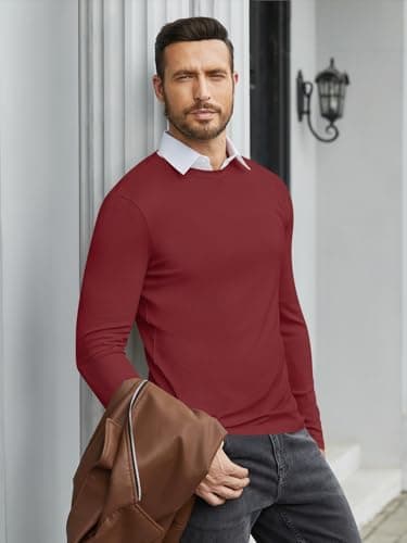 hawalili Men's Long Sleeve Shirts Ribbed Pullover Sweater Thermal Tops Crew Neck Stretchy Undershirts Wine Red XX-Large - Image 2