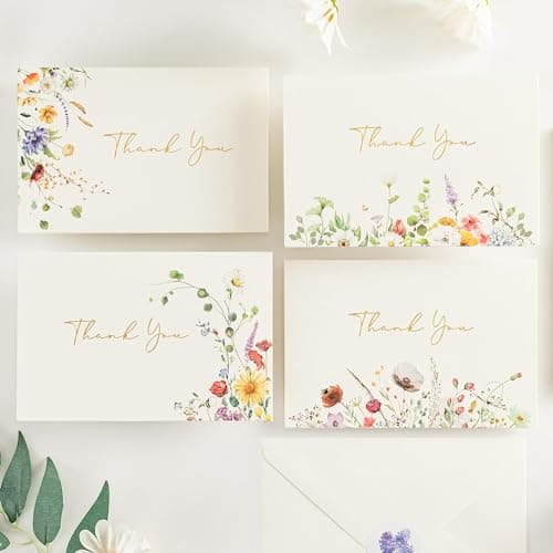 Crisky Thank You Cards 4 Assortment, Gold Foil Watercolor WildFlowers (50 Cards with Envelopes for Birthday, Baby Shower, Bridal Shower, Wedding, All Occasion) - Image 1