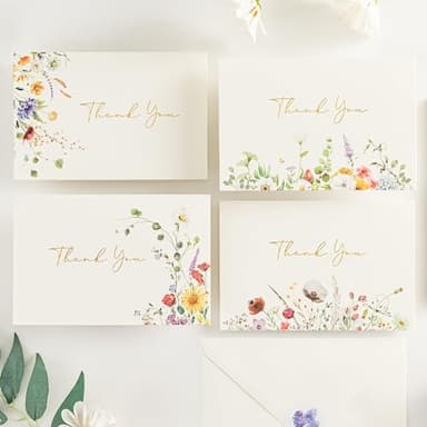 Crisky Thank You Cards 4 Assortment, Gold Foil Watercolor WildFlowers (50 Cards with Envelopes for Birthday, Baby Shower, Bridal Shower, Wedding, All Occasion) - Image 1