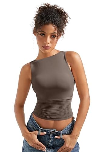 SUUKSESS Women Double Lined Sleeveless Going Out Basic Tank Tops Ruched Summer Casual T Shirts (Brown,Medium) - Image 2