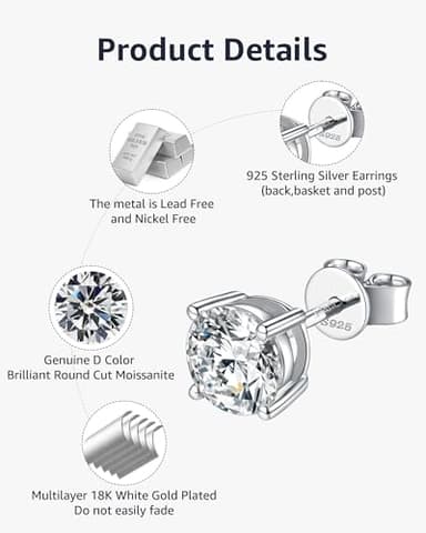 Moissanite Stud Earrings for Women, 925 Sterling Silver Earrings, 18K White Gold Plating earrings for Men (0.3ct*2) - Image 7