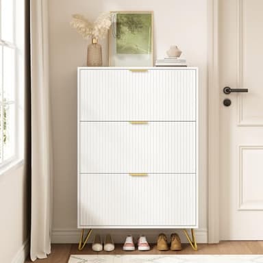 NOVAMAISON Slim Shoe Cabinet with 3 Flip Drawers, Fluted Shoe Cabinet Storage for Entryway, Narrow Shoe Storage Cabinet, Modern Freestanding Shoe Rack Organizer for Entryway, White - Image 3
