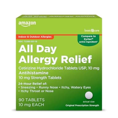 Amazon Basic Care All Day Allergy, Cetirizine Hydrochloride Tablets, 10 mg, Antihistamine, 90 Count (Packaging may vary) - Image 1