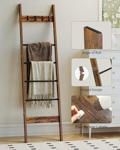 Hzuaneri Blanket Ladder for Living Room, Decorative Quilt Rack with 4 Removable Hooks, 5-Tier Farmhouse Ladder Holder Shelf Organizer for Bedroom, Rustic Brown and Black BR31501B - Image 6