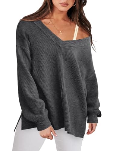 ANRABESS Oversized Long Sleeve Shirts for Women Off the Shoulder Sweatshirt Loose V Neck Tunic Tops High Low Sweater 2025 X-Small Dark Grey - Image 1