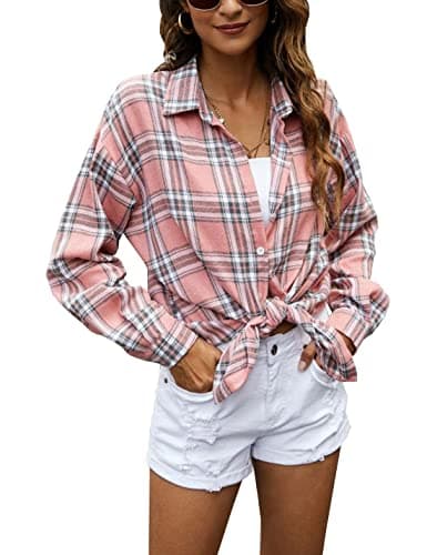 Megfie Loose Casual Womens Long Plaid Shirt Button Down Long Sleeve Lapel Collar Plaid Flannel Shirt Women(0027-Pink-L) - Image 1