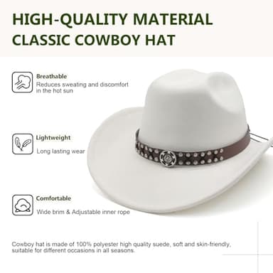 JOTDEW Cowboy Hat for Women Men Wide Brim Western Cowgirl Hat Roll up Brim with Belt Buckle Classic Suede Country Cowboy Hat KK-004 Beige - Image 2
