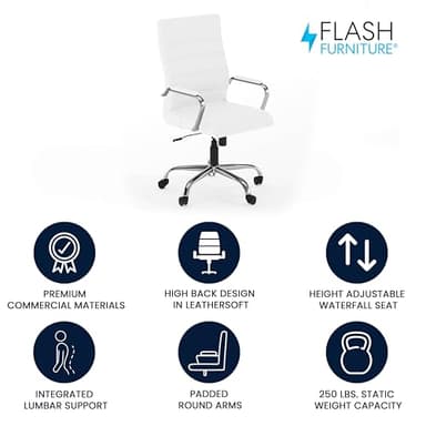 Flash Furniture Whitney High-Back Swivel LeatherSoft Desk Chair with Padded Seat and Armrests, Adjustable Height Padded Office Chair, White/Chrome - Image 4