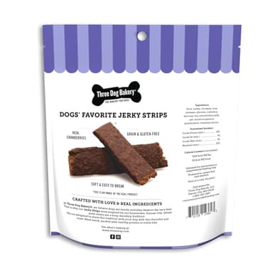 Three Dog Bakery Jerky Strips Duck Recipe with Cranberries, 5 oz - Duck Jerky for Dog Training Treats, Human-Inspired Dog Treats for Puppy Training, Dog Training - Image 2