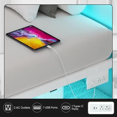 Gohapnis Twin Bed Frames with Headboard and Footboard,White Metal Platform Bed Frame with RGB LED Lights and USB Charging Station,Under Bed Storage,No Box Spring Needed,Suitable for Bedrooms - Image 7