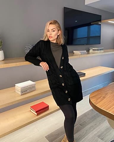PRETTYGARDEN Long Sleeve Cable Knit Long Cardigan for Women 2025 Fall Winter Chunky Open Front Button Sweaters with Pockets (Black, Medium) - Image 4