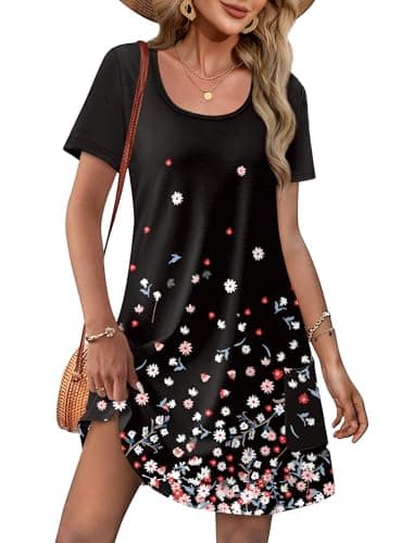 OFEEFAN Summer Dresses for Women 2025 Beach Fashion Vestidos De Verano para Mujer Women's Casual Dresses Loose U Neck Short Sleeve T Shirts Dress Sundresses wih Pockets Floral 09 XL - Image 1