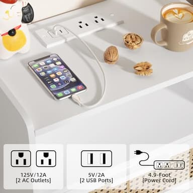 Lerliuo Rattan Nightstands Set of 2 with Charging Station, White Bedside Table with Drawer Open Shelf, Cane Accent Side End Table with Solid Wood Legs, Night Stand for Bedroom, Dorm and Small Spaces - Image 6