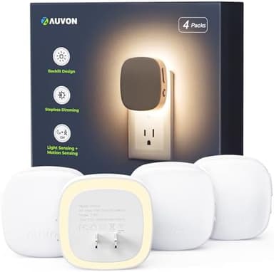 AUVON Plug-in LED Backlit Night Light with Motion Sensor & Dusk to Dawn Sensor, Dimmable Warm White Nightlight with 1-50 lm Adjustable Brightness for Bedroom, Bathroom, Stairs, Hallway (4 Pack - Image 2
