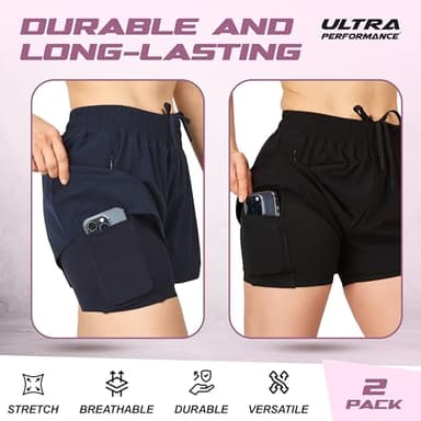 Ultra Performance Gym Shorts Women Pack of 2, Nylon Compression Workout Shorts Women with Liner, Medium Black, Navy - Image 5