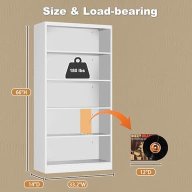 LyAosdFu Metal Bookcase, 14" Deep Bookshelf, 66" Tall Bookcases with Adjustable Shelves, 5 Shelf Bookcase, Industrial Bookshelves and Bookcases for Living Room, Office, Library. White Book Shelf. - Image 3