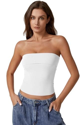 QINSEN Tube Tops for Women Summer Double Lined Going Out Strapless Tank Tops Basic Bandeau Tops White S - Image 5