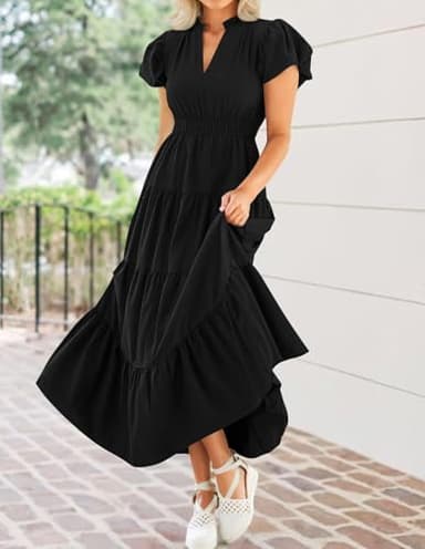 ZESICA Women's Summer Casual Maxi Dress 2025 Puff Short Sleeve V Neck Ruffle Tiered Flowy Boho Beach Dresses,Black,Medium - Image 5
